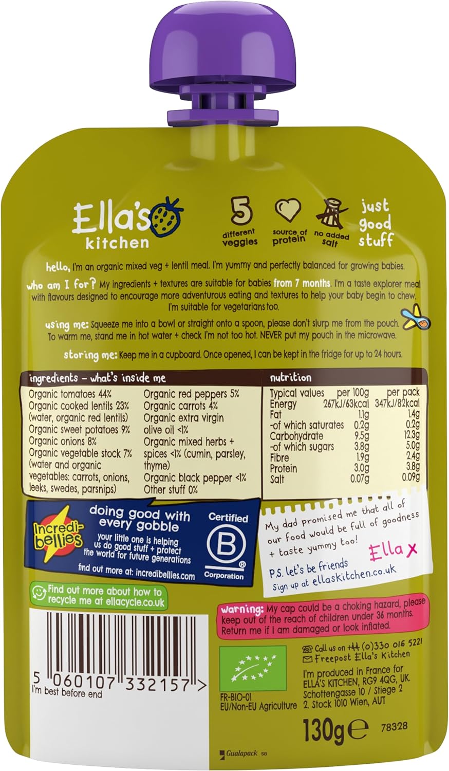 Ella's Kitchen organic vegetable bake with lentils 130g. Expiry date: 6/1/2026