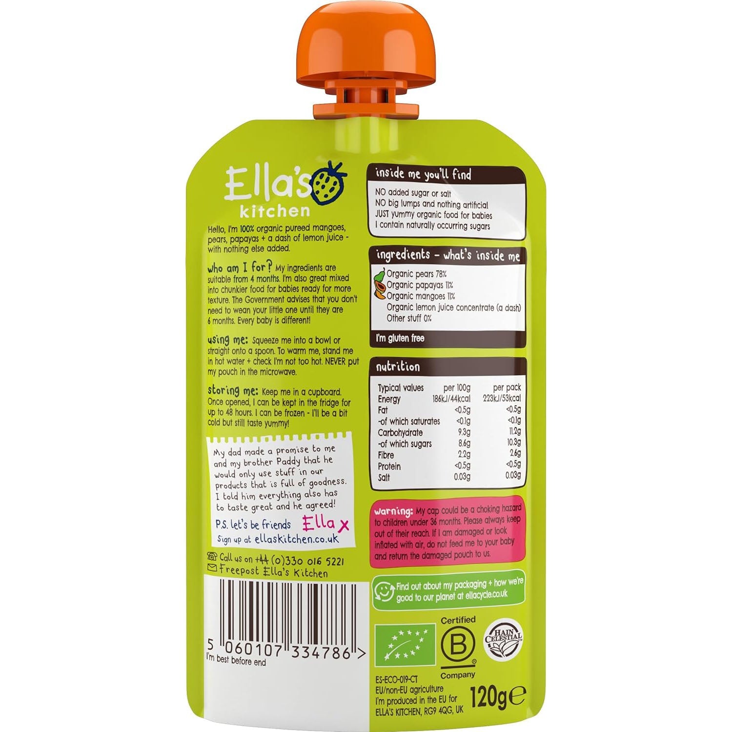 Ella's Kitchen organic mangoes pears + papayas 120g.