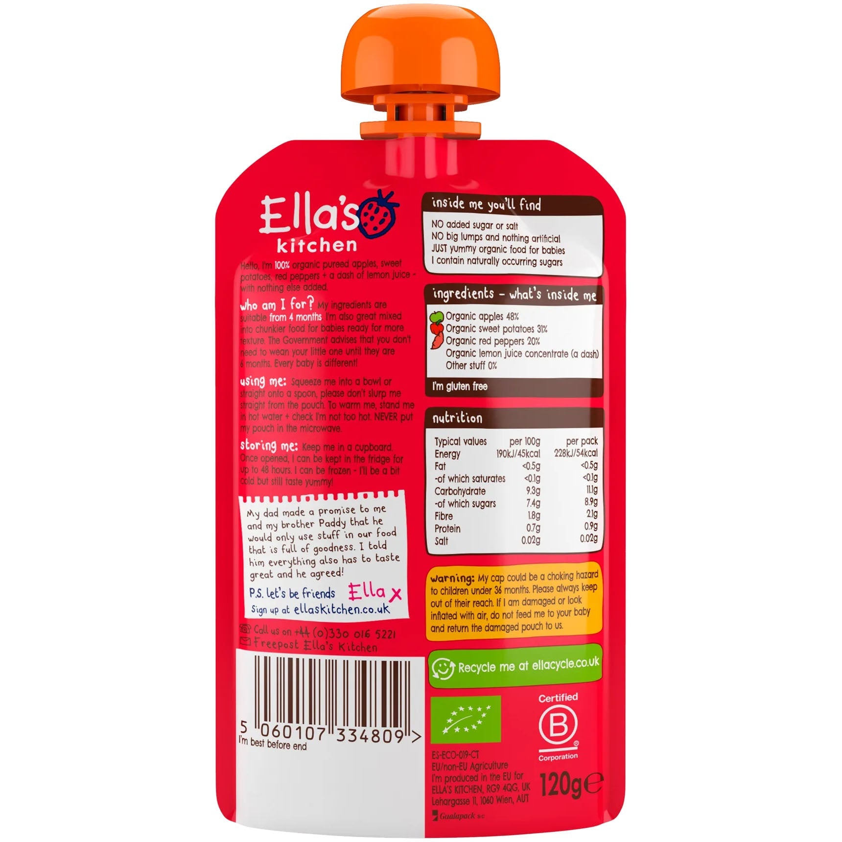 Ella's Kitchen organic red peppers sweet potatoes + apples 120g, Expiry date: 1-May-26