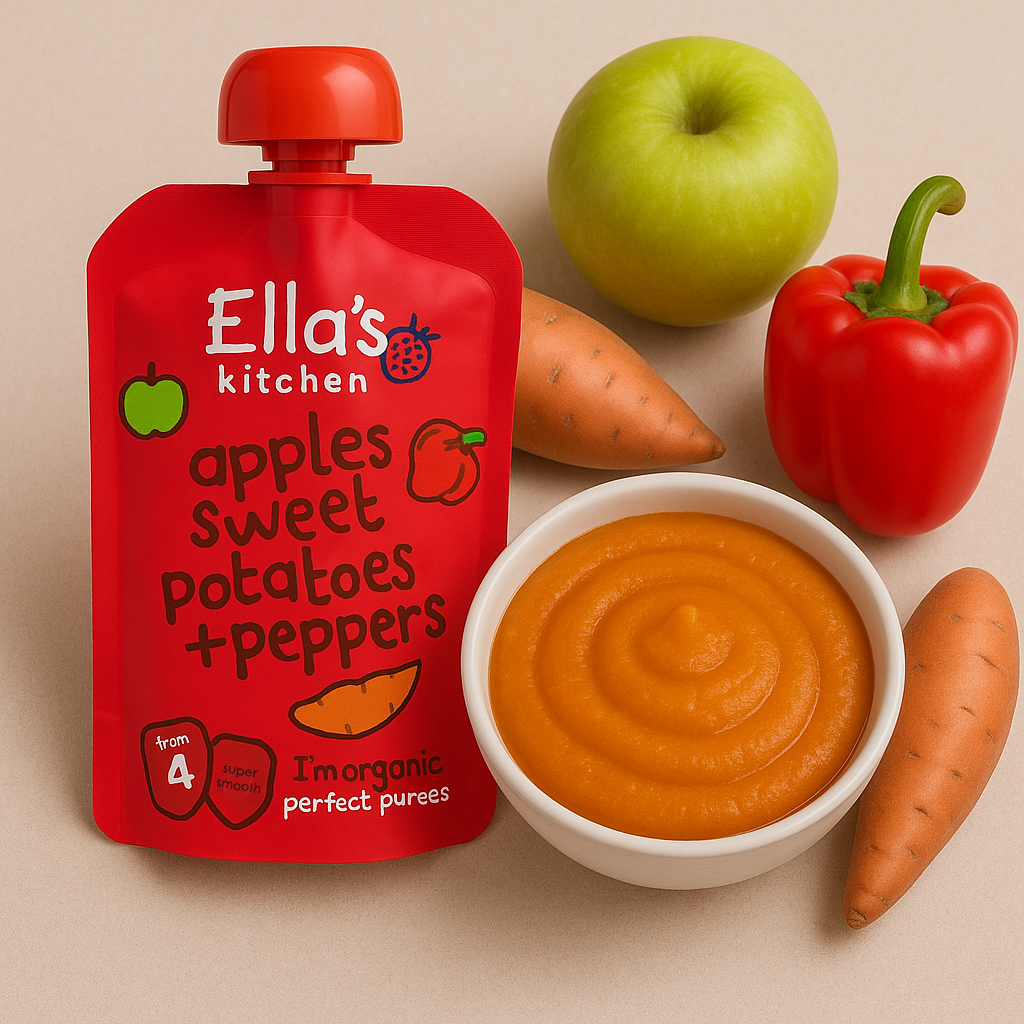 Ella's Kitchen organic red peppers sweet potatoes + apples 120g, Expiry date: 1-May-26