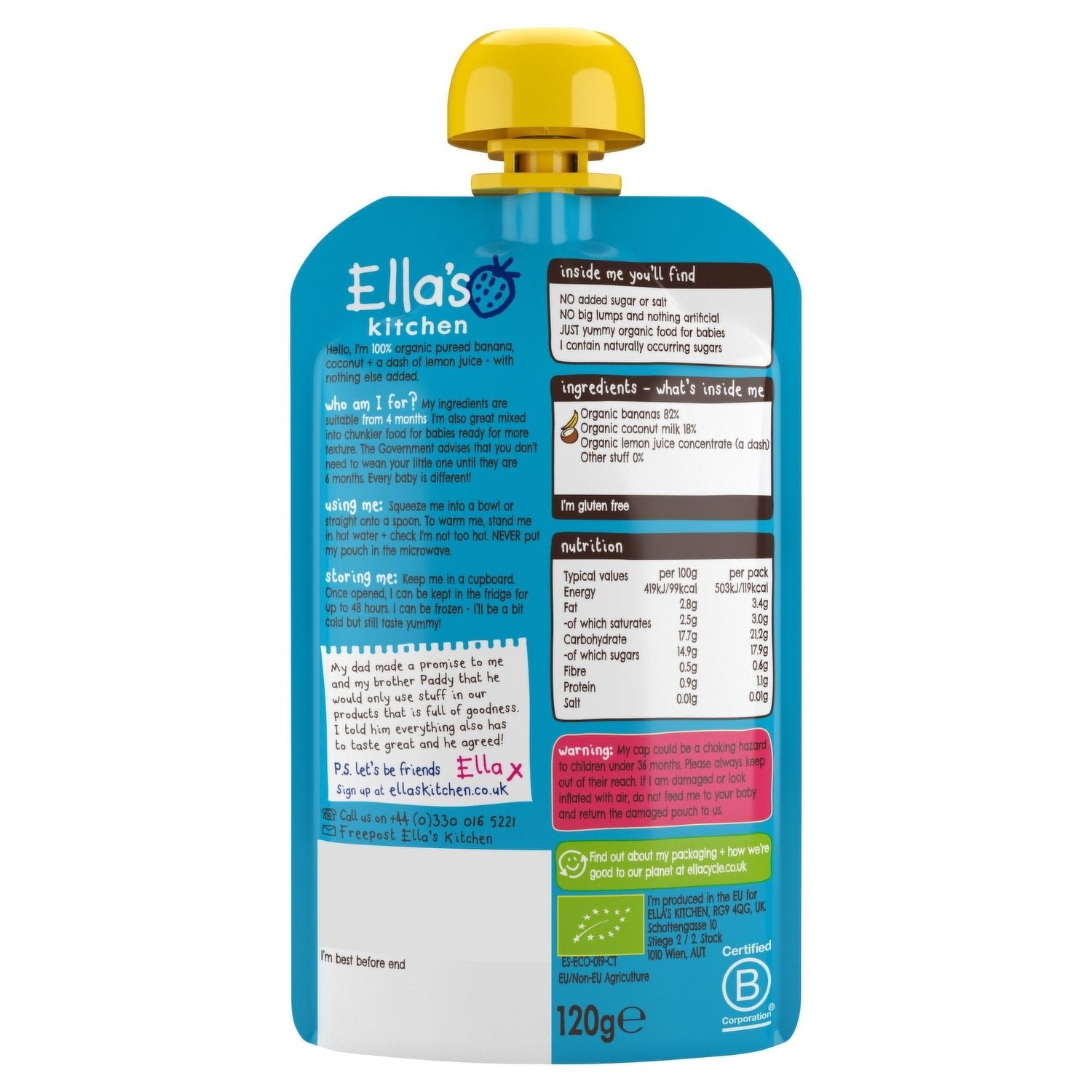 Ella's Kitchen organic bananas + coconut 120g. Expiry date: 8-Jun-26