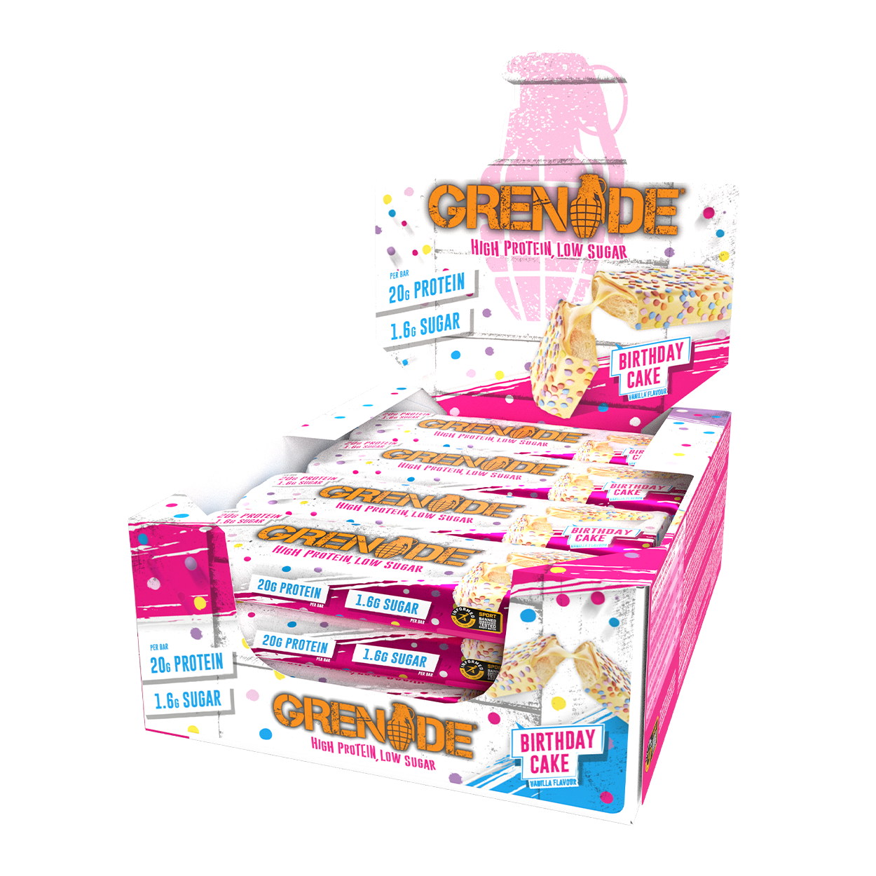 Grenade Birthday Cake - High Protein Bar - Low Sugar (60gm x 12) Box