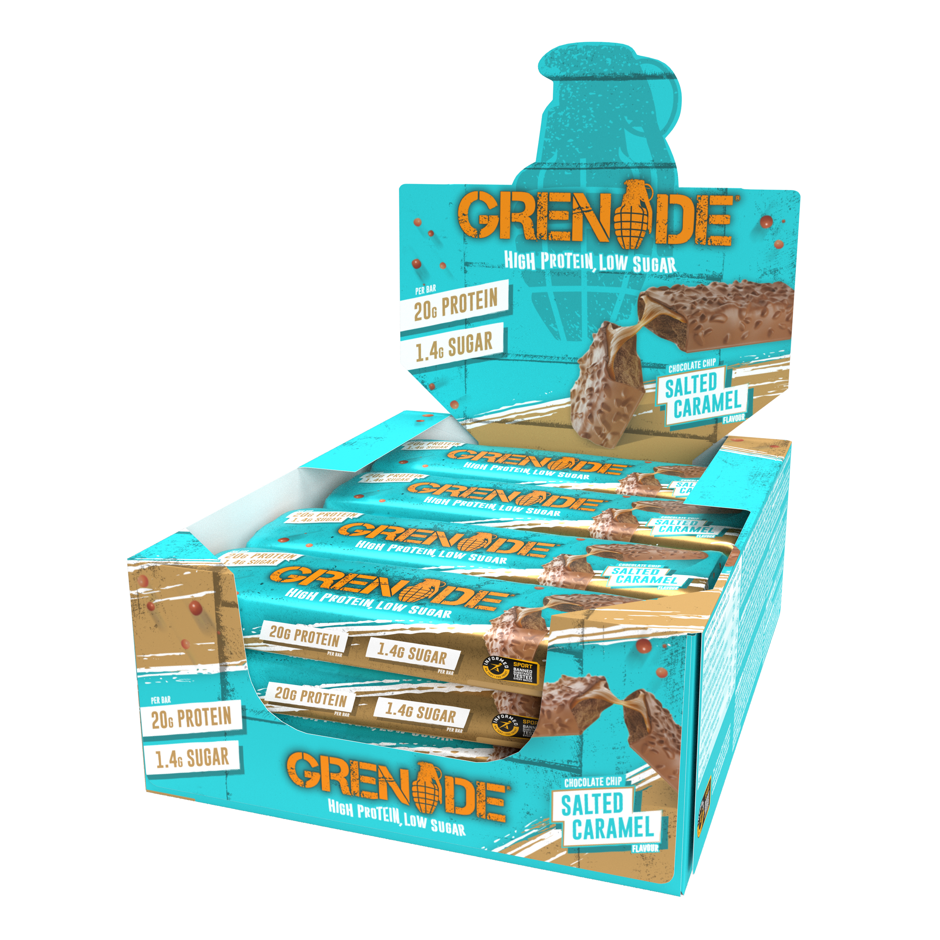 Grenade Chocolate Chip Salted Caramel - High Protein Bar - Low Sugar (60gm x 12) Box