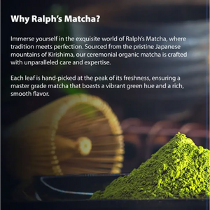 Ceremonial grade organic matcha green tea powder on a plate, bamboo whisk in background