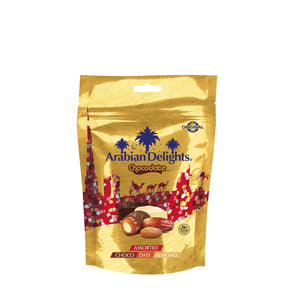 Arabian Delights Assorted Chocodate, Classic Chocolate Coated Bite-Sized Snacks, Stuffed w/ Golden Roasted Almonds, Dates | Snacks & Sweets Pouch - 230g