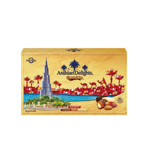 Arabian Delights Assorted Chocodate, Classic Chocolate Coated Bite-Sized Snacks, Stuffed w/ Golden Roasted Almonds, Dates & Sweets Pouch - 500g