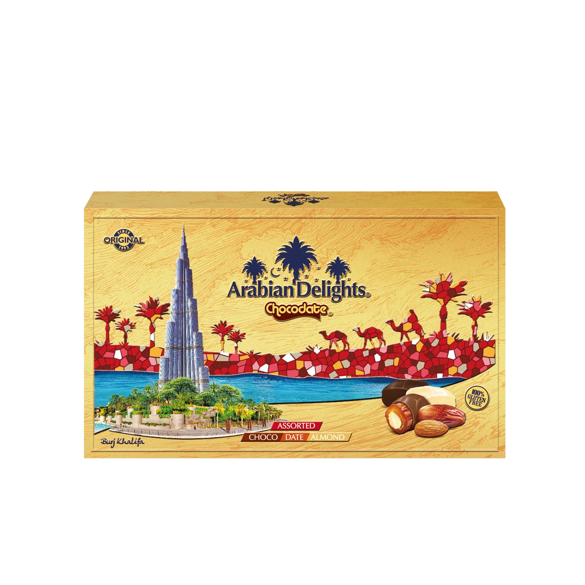 Arabian Delights Assorted Chocodate, Classic Chocolate Coated Bite-Sized Snacks, Stuffed w/ Golden Roasted Almonds, Dates | Snacks & Sweets Pouch - 230g