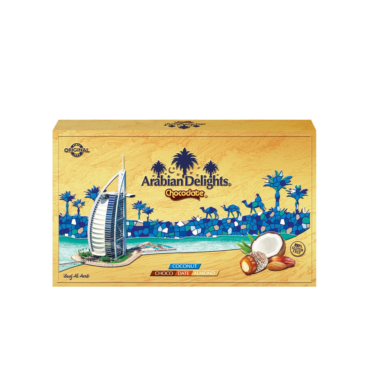 Arabian Delights Chocodate with Coconut, Chocolate Coated Bite-Sized Snacks, Stuffed w/ Golden Roasted Almonds, Dates - 250 gm
