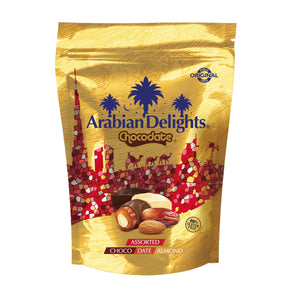 Arabian Delights Assorted Chocodate, Classic Chocolate Coated Bite-Sized Snacks, Stuffed w/ Golden Roasted Almonds, Dates | Snacks & Sweets Pouch - 230g