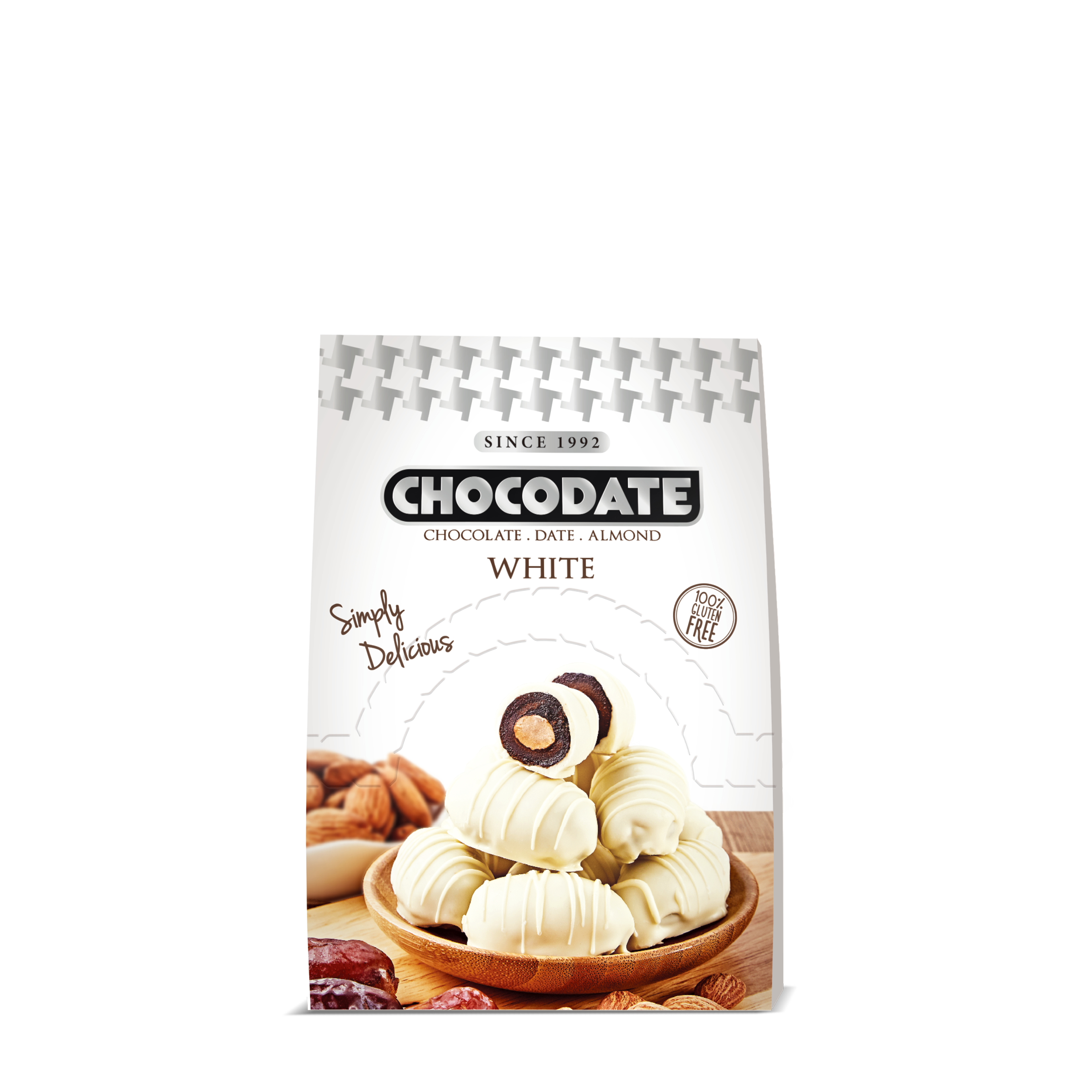 Chocodate White | Exquisite Bite Sized Delicacy | Handmade Treat - Rich Silky Chocolate - Velvety Arabian Date - Golden Roasted Almond - Perfect Snacking - 33gm