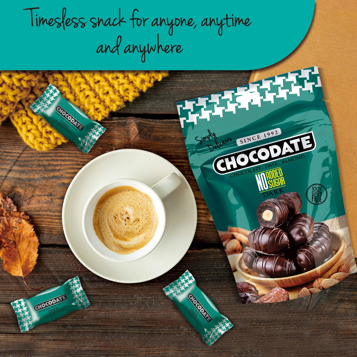 Chocodate No Sugar Added Rich Silky Chocolate, Roasted Almonds, Velvety Arabian Dates, Low Calories, No GMO, Gluten Free Chocolate, Perfect Snacking - 230gm