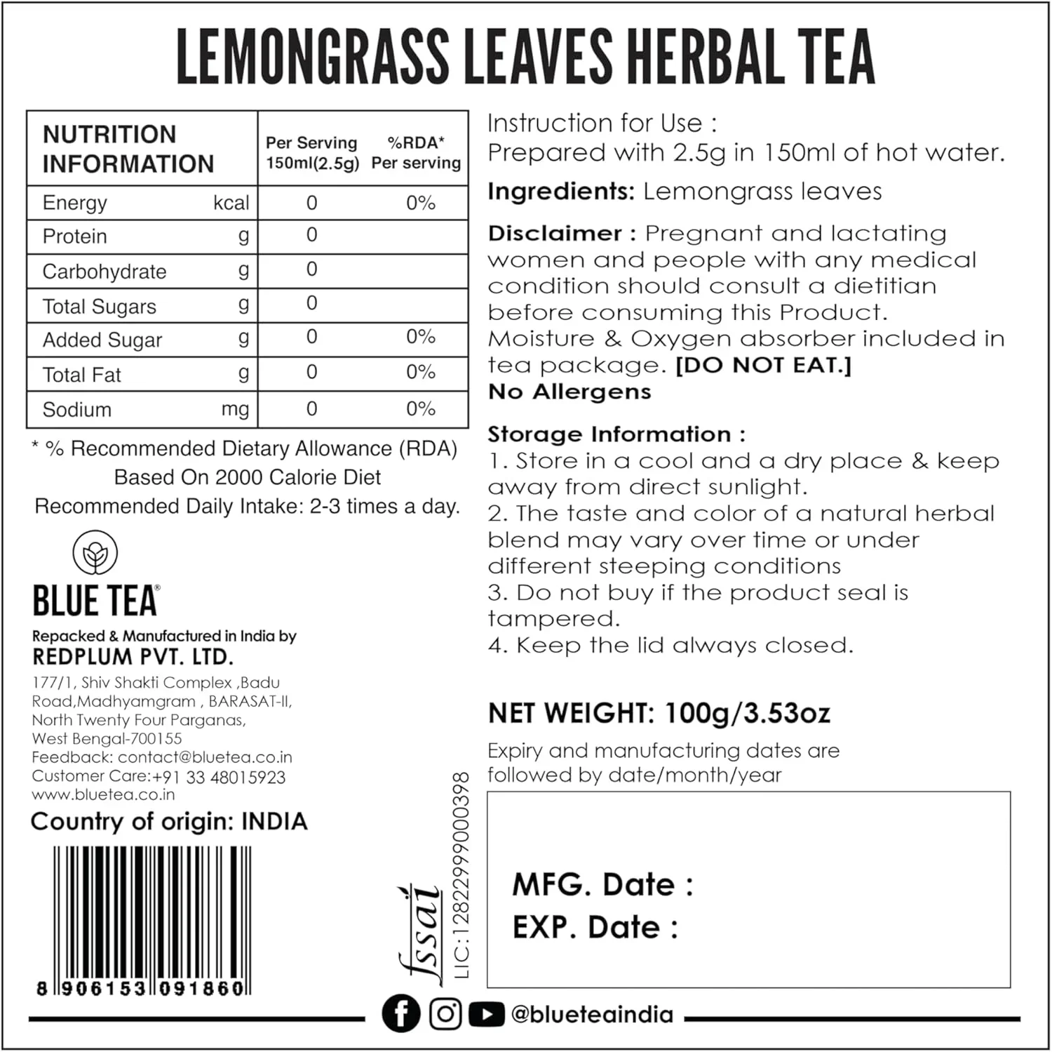 Blue Tea Lemon Grass 100g