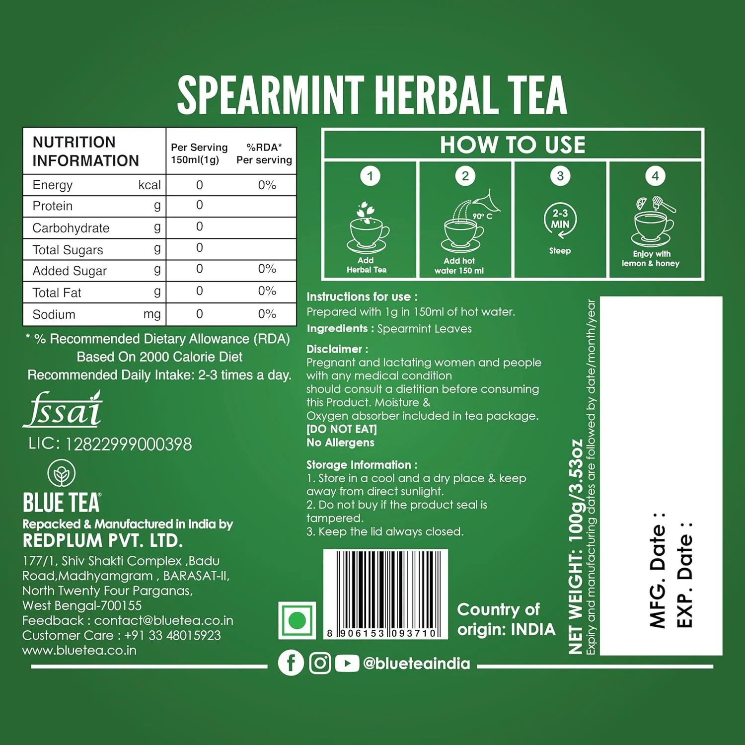 Blue Tea Spear Mint Herbal Tea 100g
