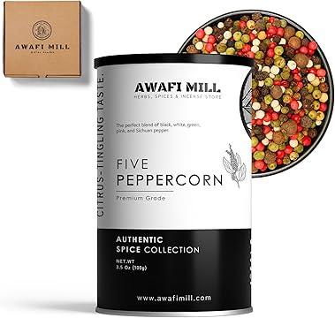 AWAFI MILL Five Pepper corn Blend Black, White, Green, Pink, and Szechuan Pepper Medley - 100 g | 3.5 Oz