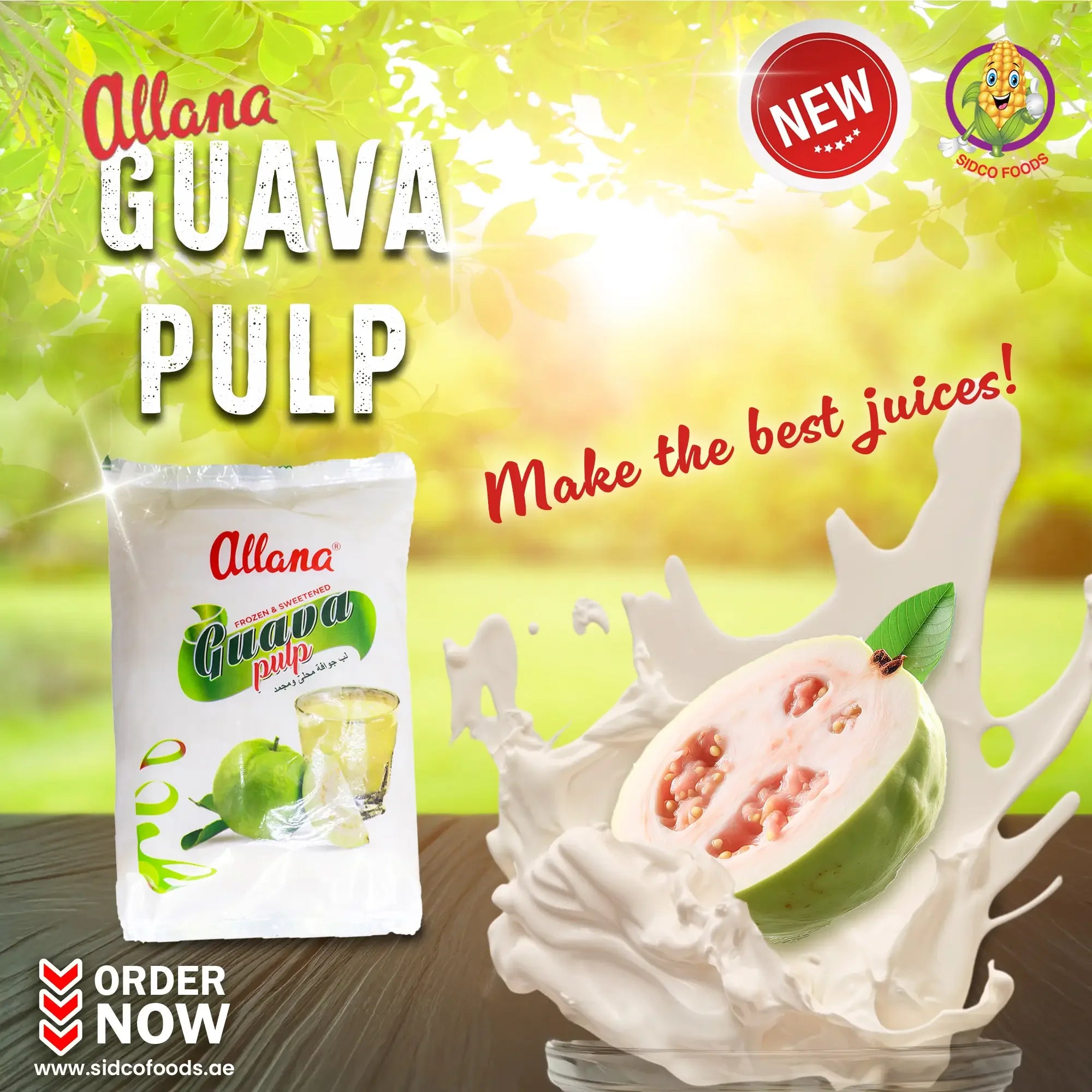 Allana Guava Pulp packaging with guava fruit and juice splashes on a green background