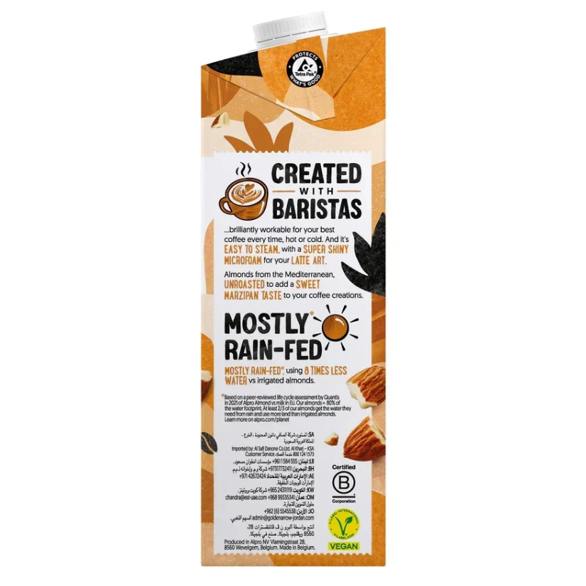 Barista almond milk carton for coffee, vegan, mostly rain-fed, sustainable plant-based beverage