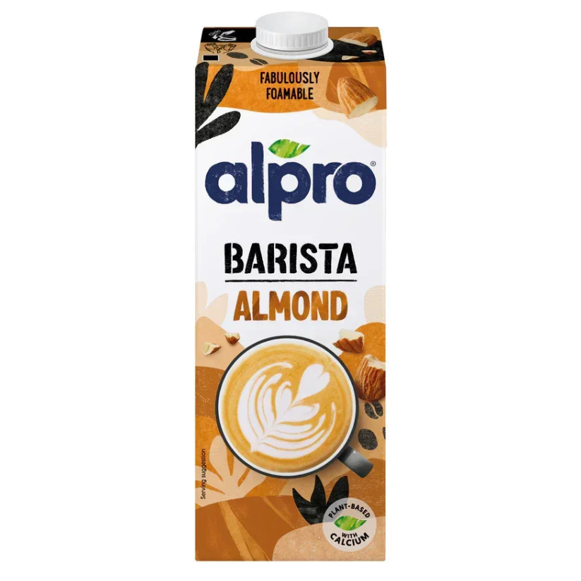 Alpro Barista Almond plant-based milk carton with latte art, vegan, calcium, UAE food store