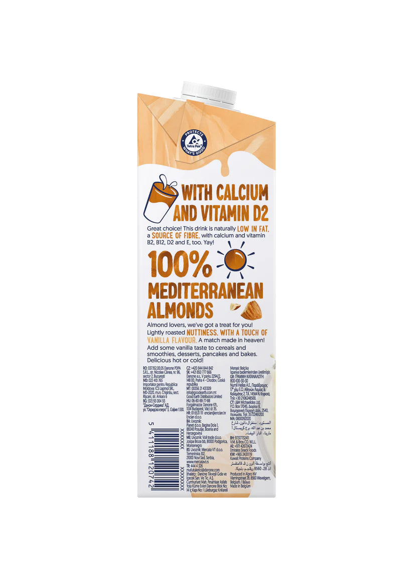 Carton of 100% Mediterranean Almond-Vanilla-Flavour milk with calcium and vitamin D2, plant-based, iPlantBased UAE
