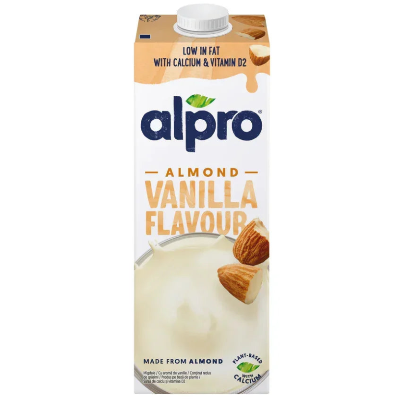Alpro Almond Vanilla Flavour plant-based milk carton, low fat, vegan, with almonds on front.