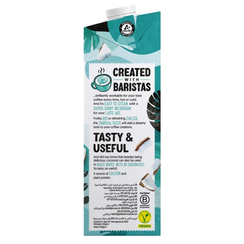 Plant-based coconut barista milk carton with vegan label, tropical design, and text details.
