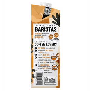 Alpro Barista plant-based milk carton with barista instructions, suitable for coffee and latte art
