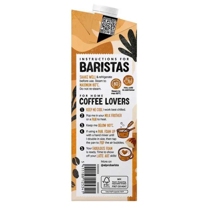 Alpro Barista plant-based milk carton with barista instructions, suitable for coffee and latte art