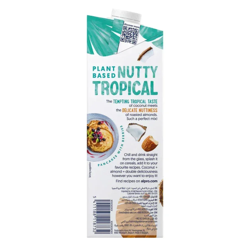 Carton of plant-based nutty tropical almond coconut drink, iPlantBased UAE, with recipe details.