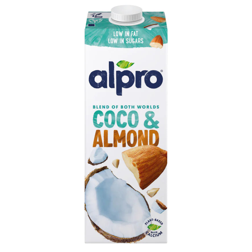 Alpro Coco & Almond plant-based milk carton with coconut and almond images, iPlantBased UAE