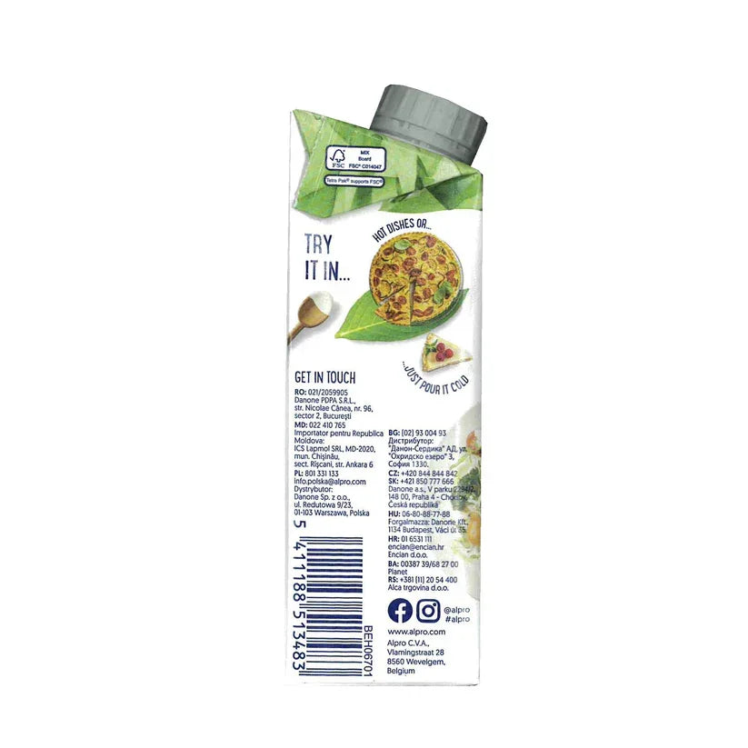 Back of plant-based drink carton with serving suggestions, contact info, and eco-friendly details