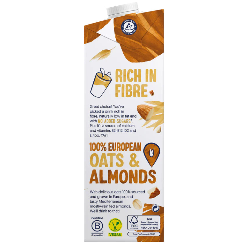 iPlantBased oat and almond drink carton, labeled rich in fibre, 100% European oats and almonds, vegan.