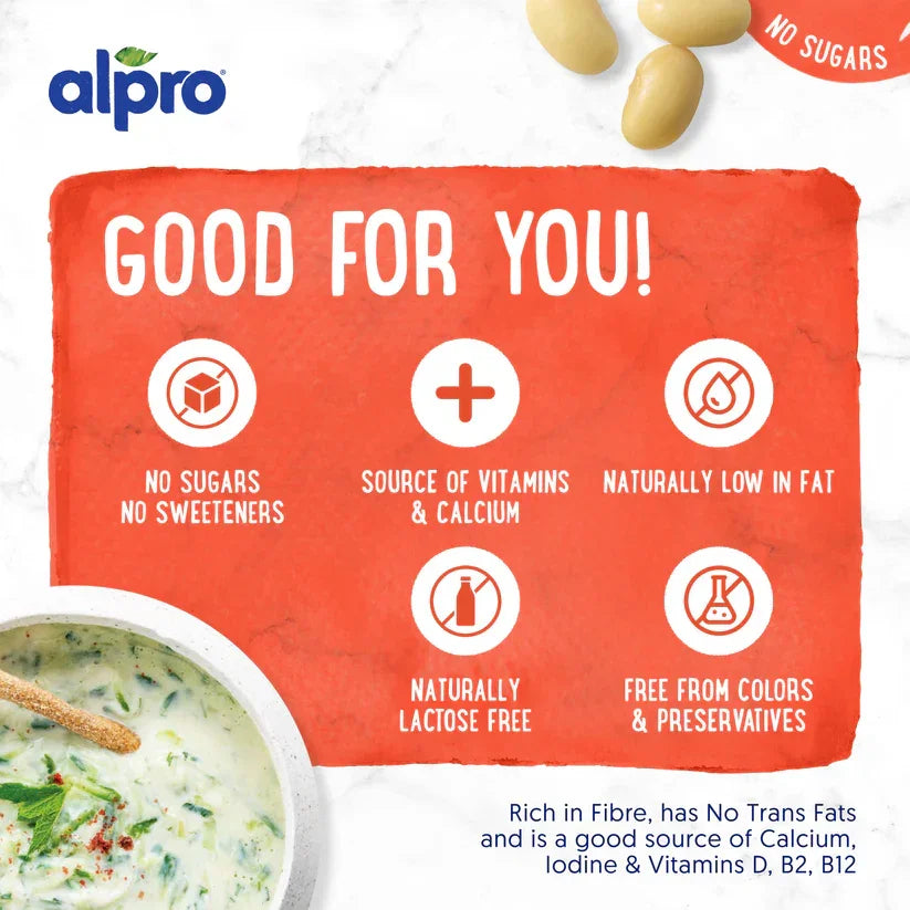 Alpro plant-based product benefits—no sugars, low fat, lactose free, vitamins, clean label, iPlantBased UAE