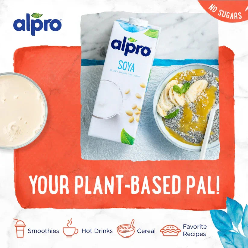 Alpro soya milk carton with chia pudding and banana, plant-based food in UAE.