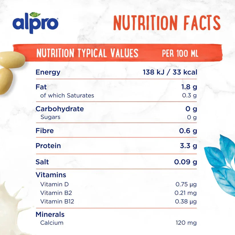 Alpro plant-based milk nutrition facts chart with energy, protein, vitamins and calcium content per 100ml.
