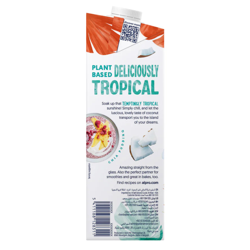 Plant-based tropical coconut drink carton with chia pudding image from iPlantBased UAE