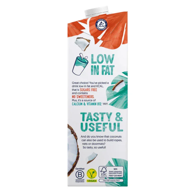 Coconut drink carton with low fat, sugar free, vegan labels, plant-based product UAE
