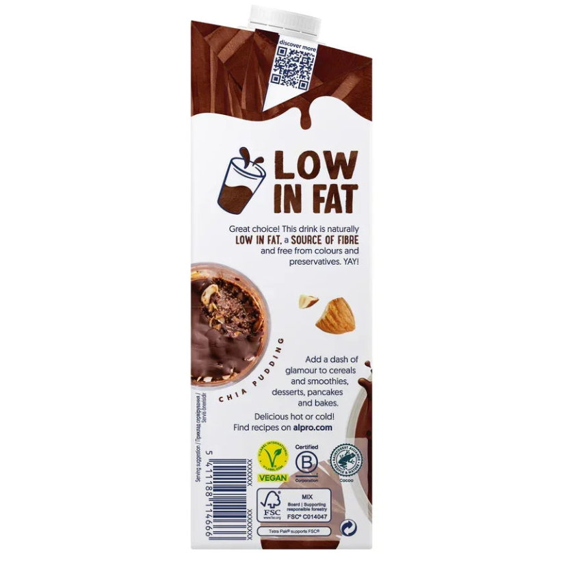 Alpro plant-based drink carton labeled 'Low in Fat', vegan certified, chia pudding image, UAE