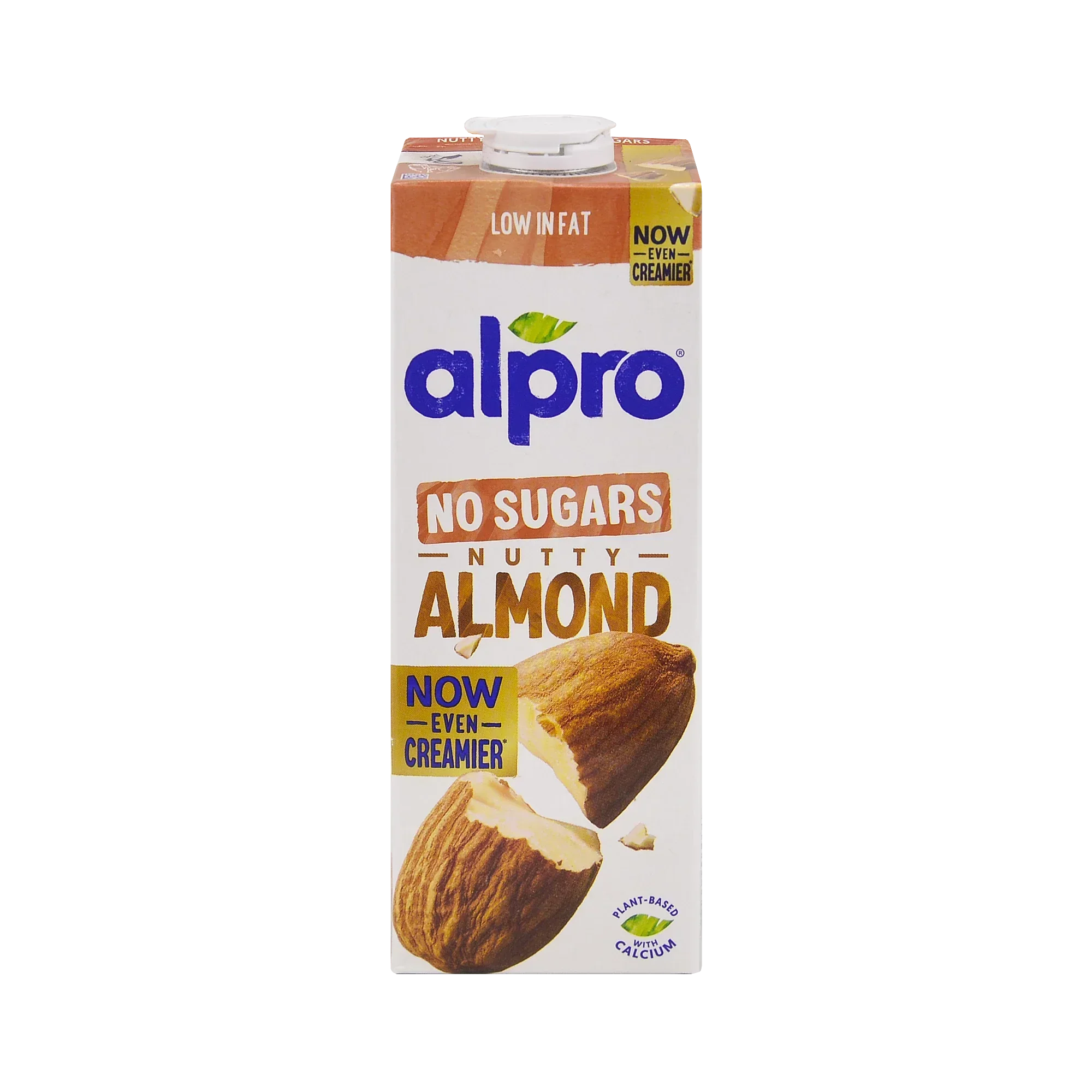 Alpro no sugars nutty almond plant-based milk carton, low fat, for healthy vegan diets