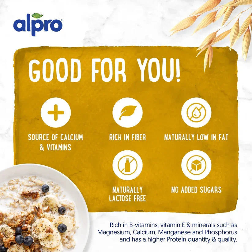 Alpro plant-based product benefits infographic with icons and oat bowl, highlighting calcium, vitamins, fiber, low fat, lactose free, and no added sugars.