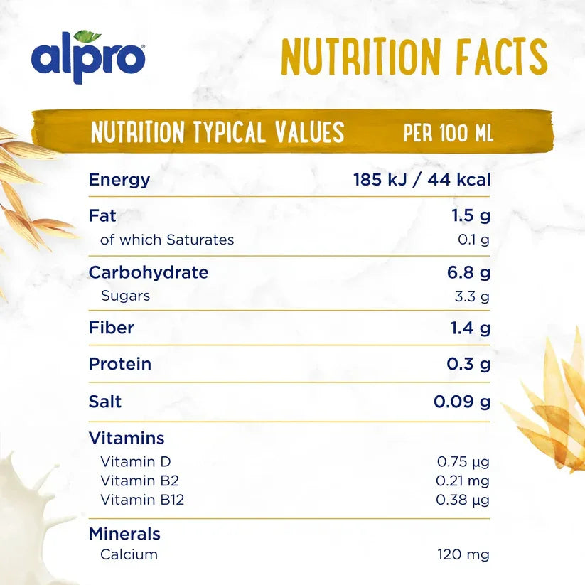 Alpro oat plant-based milk nutrition facts label highlighting calories, vitamins, and minerals.