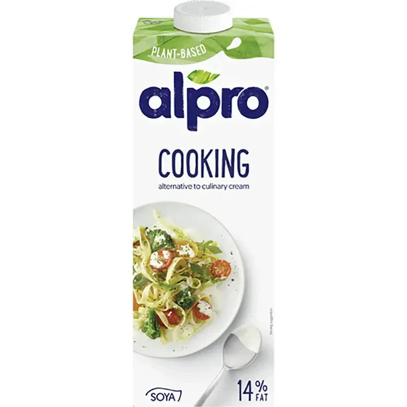 Alpro plant-based cooking cream carton, soya alternative, 14% fat, with pasta dish image