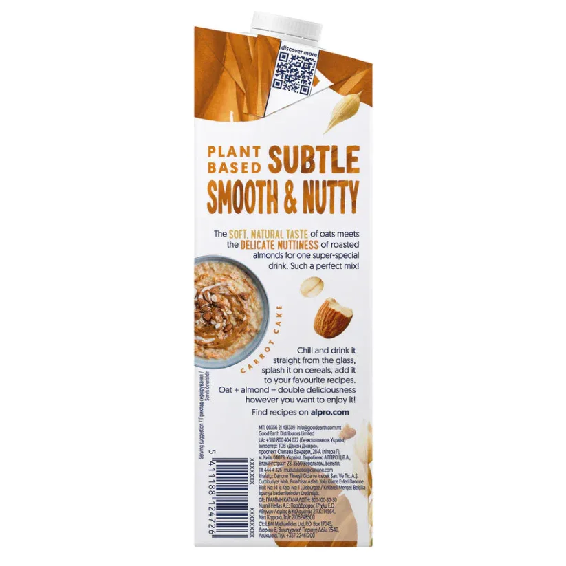 Alpro plant-based oat and almond drink carton with subtle smooth and nutty flavor branding