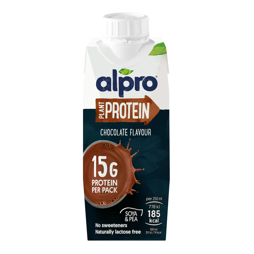 Alpro plant protein chocolate drink carton, 15g protein, 100% plant-based, soya and pea, UAE