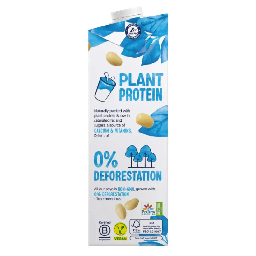 Carton of plant-based protein drink with blue leaf design, labeled vegan, non-GMO, and 0% deforestation, from iPlantBased UAE.