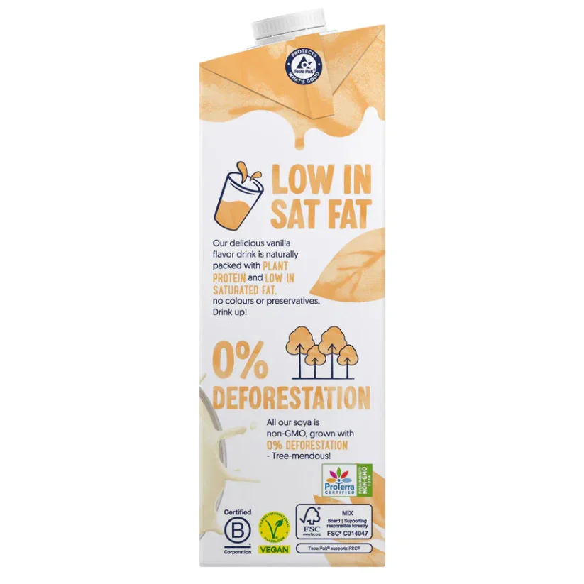 Plant-based vanilla drink carton, low in saturated fat, 0% deforestation, vegan, UAE
