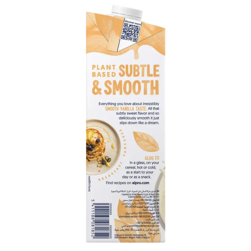 Alpro plant-based vanilla drink carton, subtle and smooth, with breakfast pancakes, UAE vegan food