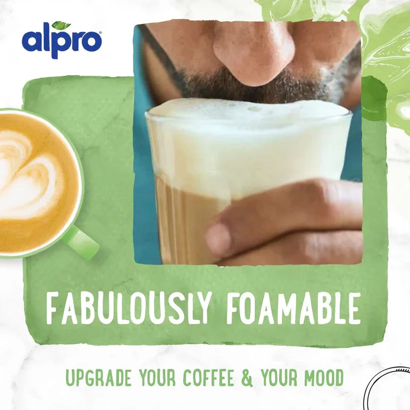 Man sipping plant-based foamy latte, Alpro branding, iPlantBased UAE vegan coffee drink