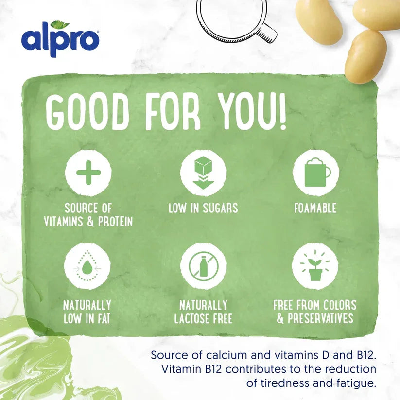 Alpro plant-based drink benefits infographic showing vitamins, protein, low sugar, lactose-free, foamable.