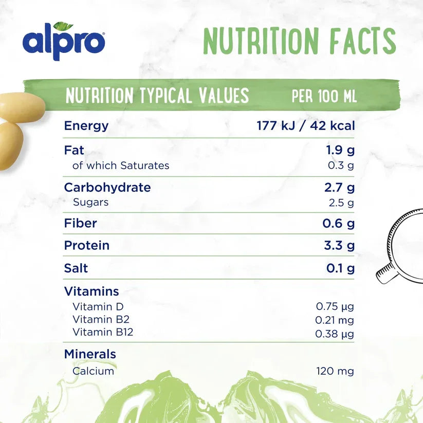 Alpro plant-based drink nutrition facts label with protein, vitamins, calcium, and calories per 100ml