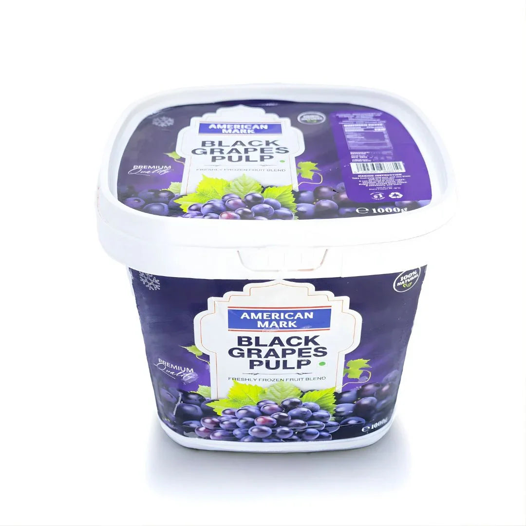 American Mark Black Grapes Pulp 1000g tub, plant-based frozen fruit product on white background