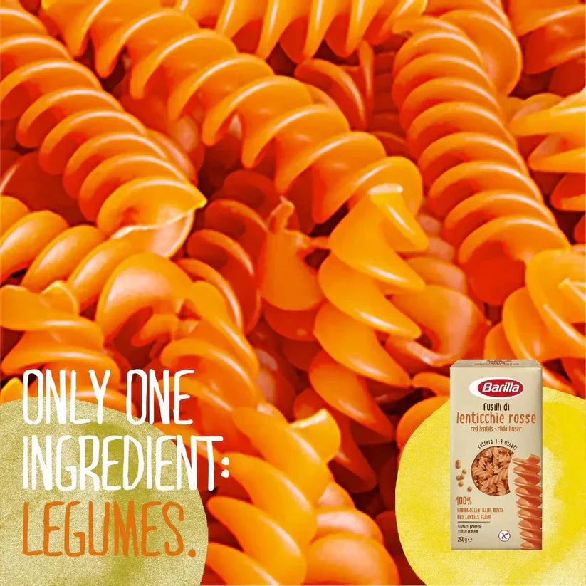 Barilla red lentil fusilli pasta close-up with packaging and legume ingredient text, iPlantBased UAE